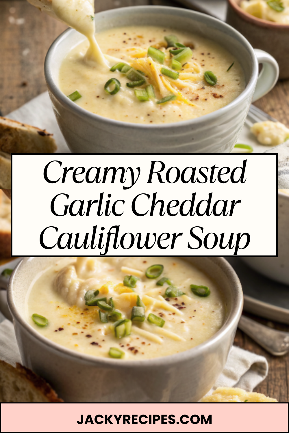 Creamy Roasted Garlic Cheddar Cauliflower Soup