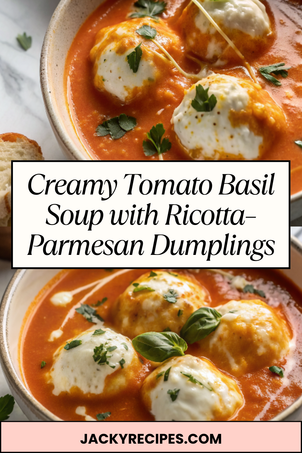 Creamy Tomato Basil Soup with Ricotta–Parmesan Dumplings